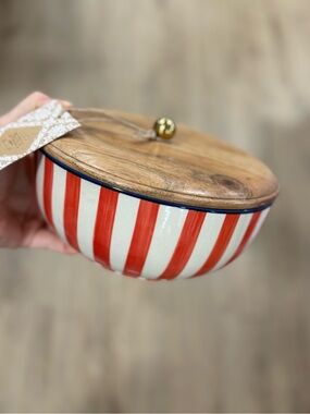 Striped Ceramic Bowl with Wood Lid - Red & White